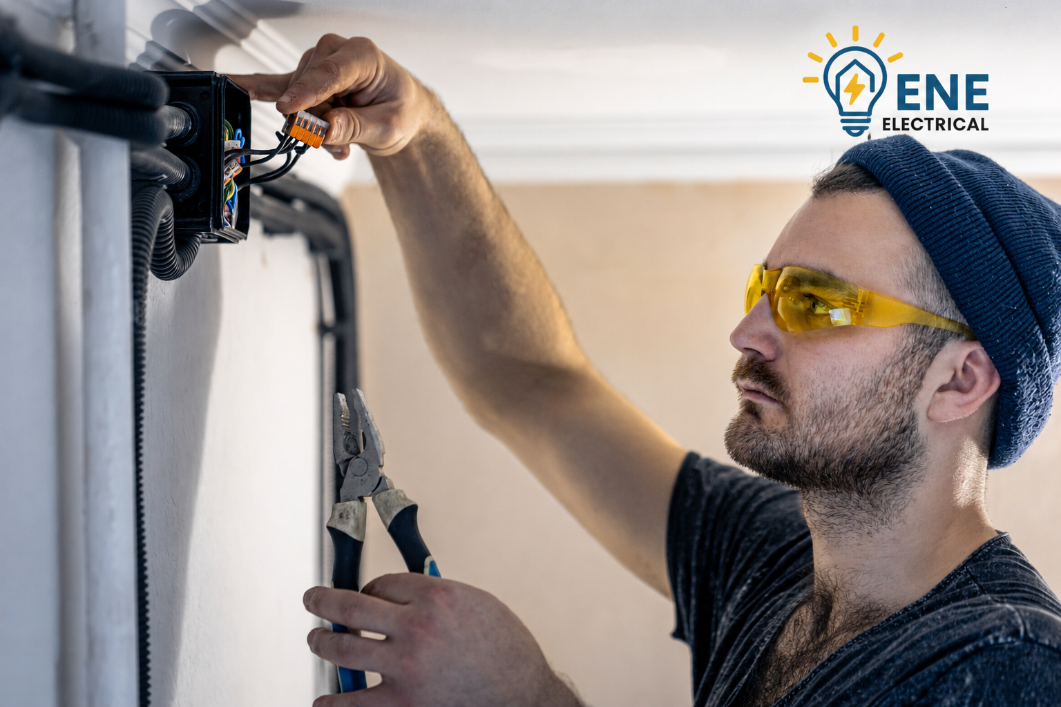 ENE Electrical technician repairing residential wiring in a junction box